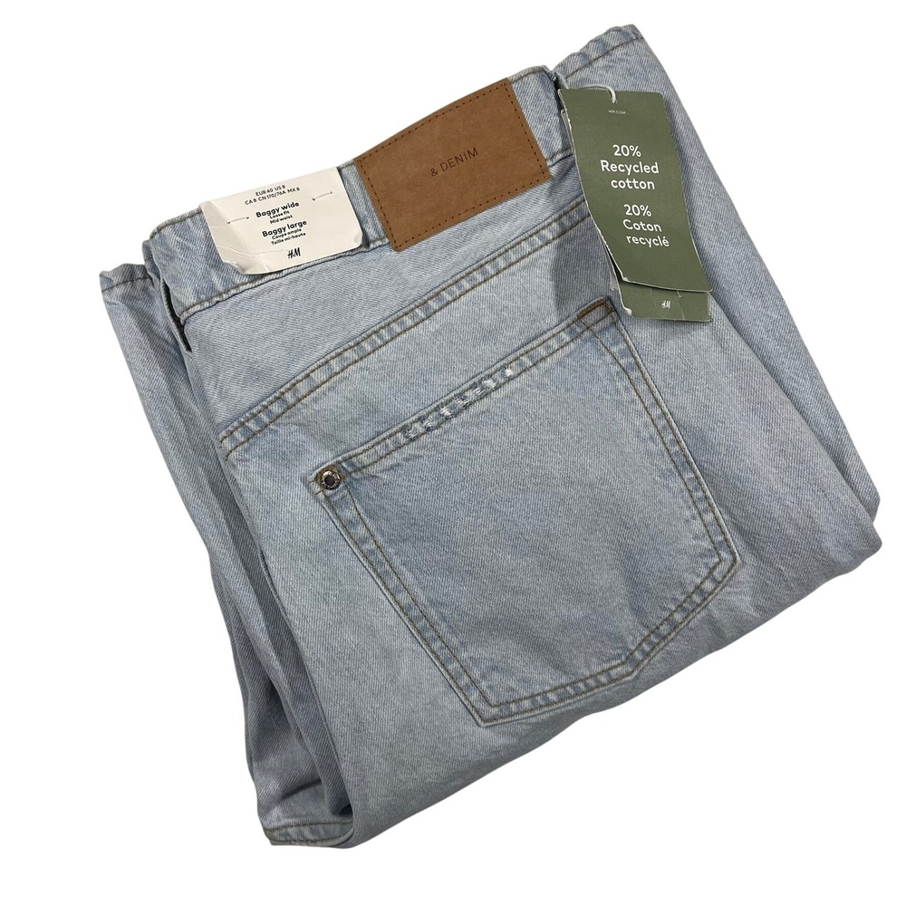 H&M Baggy Wide Leg Jeans Womens 8 Light Blue Distressed Mid Waist 1152458 8‎